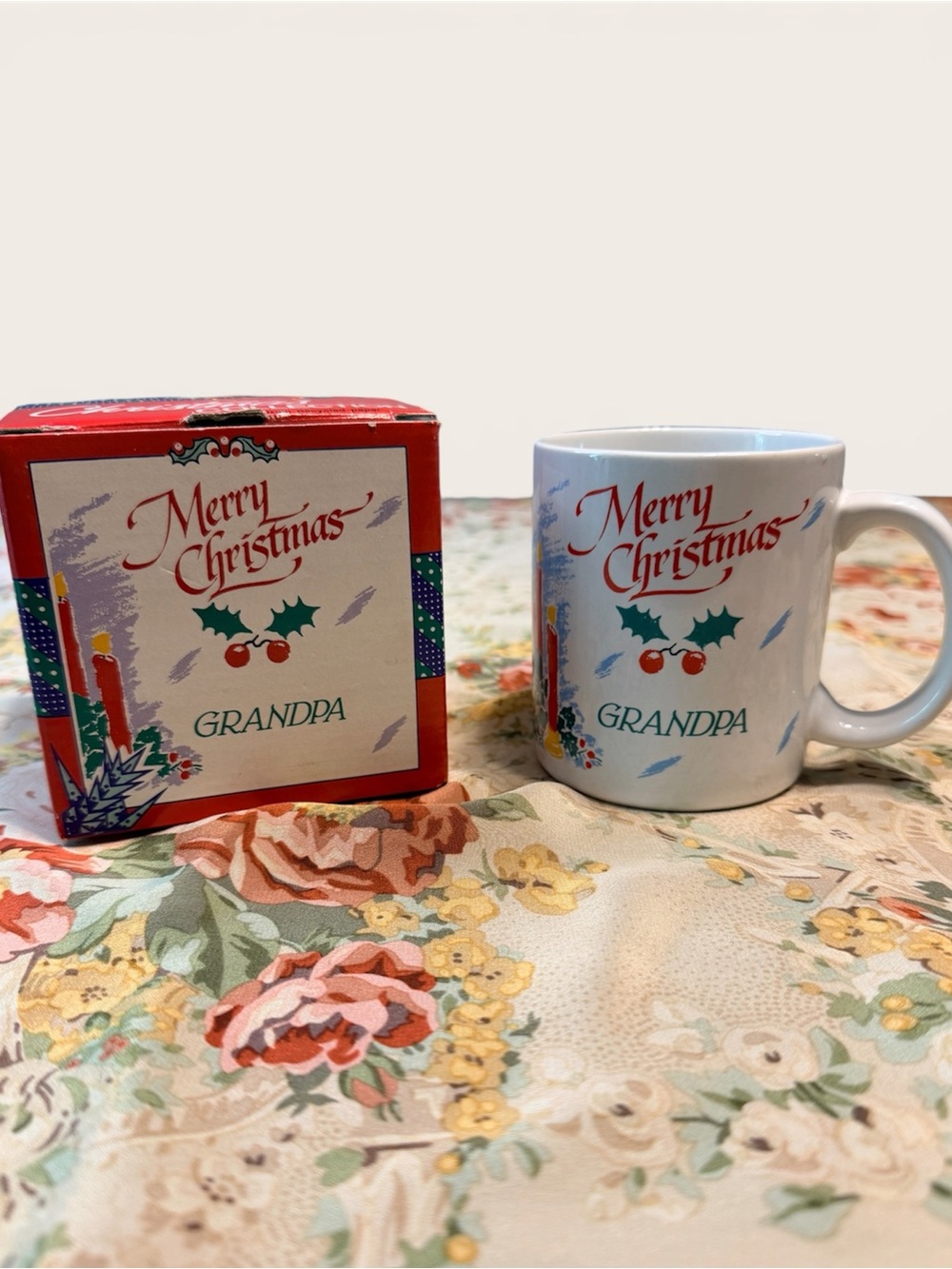 Vintage Merry Christmas Grandpa Mug with Original Box | 11 oz Ceramic Coffee Cup